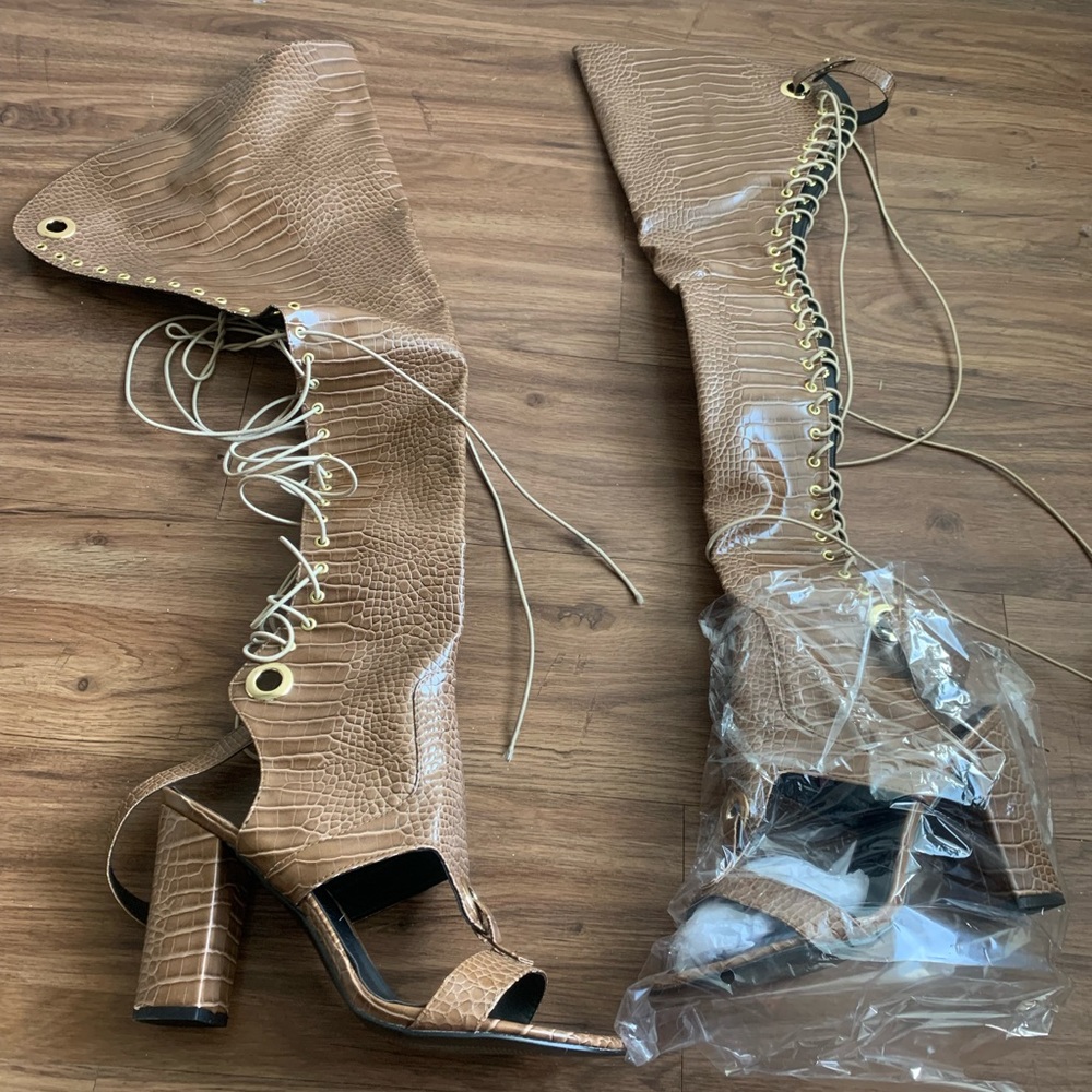 Tan gladiator thigh high heeled sandal never worn